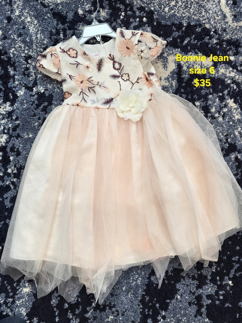 Bonnie Jean Peach Floral Tulle Dress with Embroidered Bodice